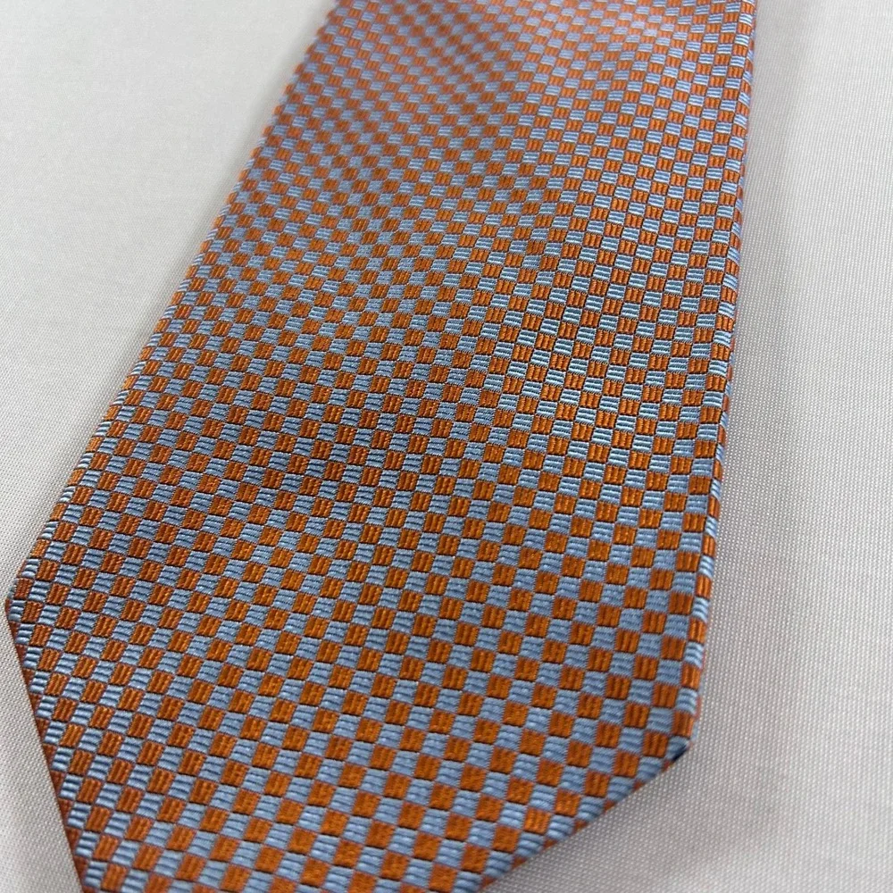 Drakes London Barneys New York Tie Mens Orange Blue Silk Check Handmade England